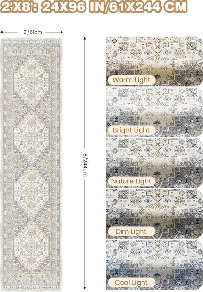 Runner Rug 2x8 Runners for Hallways Non Slip Washable, Vintage Hallway Runner Rugs for Living Room, Low Pile Soft Hallway Rug for Kitchen Bedroom Laundry Room Rug(Beige,2'x8')