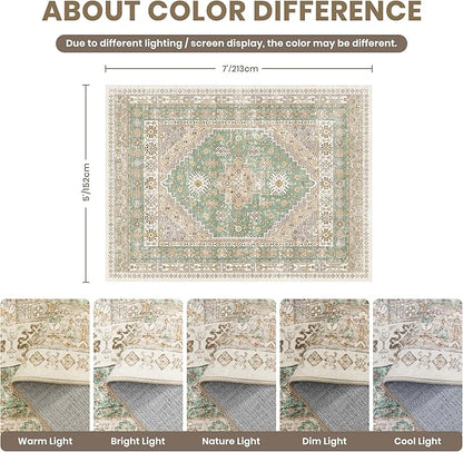zesthome 5x7 Area Rugs - Ultra-Thin Washble Rug, Stain Resistant Anti Slip Backing Rugs for Living Room,Bedroom, Vintage Home Decor Area Rug (Green/Brown,5'x7')
