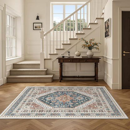 3x5 Washable Area Rug for Entryway, Kitchen Rugs Non Slip for Dining Room, Vintage Floral Soft Living Room Rug, Thin Area Rug Indoor for Bedroom, Kids Room Decor(Blue/Red,3'x5')