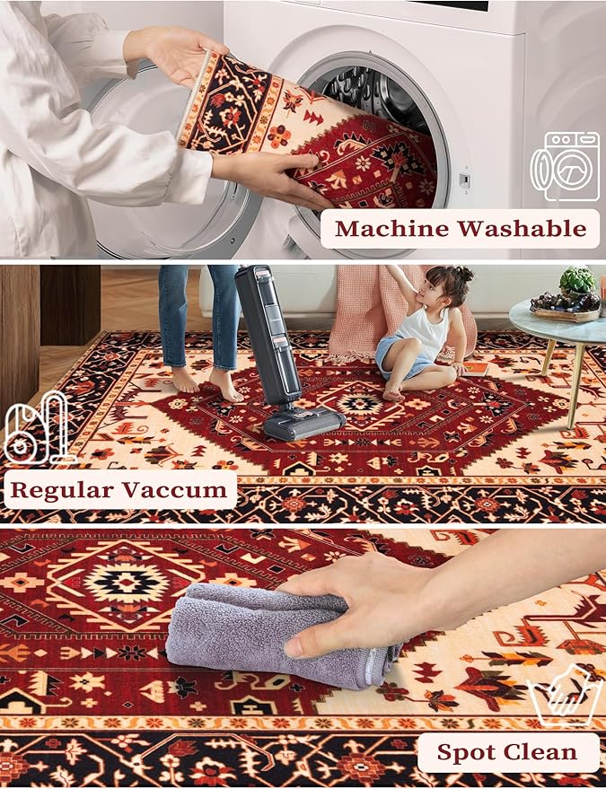 SERISSA Runner Rug for Hallways, 2'6"x14' Washable Non Slip Runner Rug, Extra Long Boho Rug Ultra Soft Vintage Red Black Print Floor Carpet for Bedroom Hallway Entryway Bathroom Laundry Room