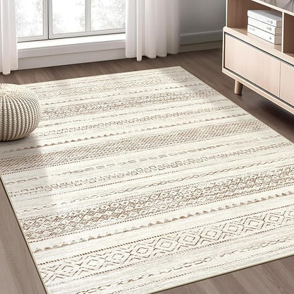 Nakagishi Area Rug Living Room Rugs: 3x5 Soft Machine Washable Boho Neutral Farmhouse Stain Resistant Moroccan Indoor Floor Carpet for Bedroom Nursery Kids Entryway Kitchen Entry Bedside Home- Brown