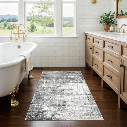Washable 2x3 Entryway Area Rugs: Abstract Water Resistant Kitchen Rug Non-Slip Durable Doormat for High-Traffic Area Soft Bedroom Beside Carpet Indoor Low Pile Floor Mat for Families(2x3,Black/Grey)