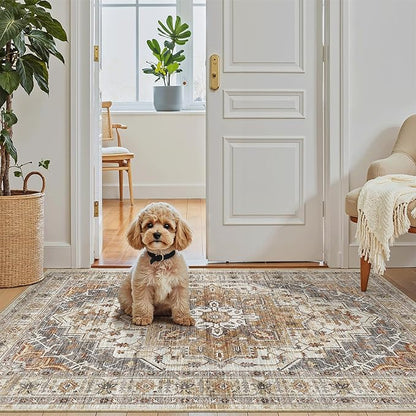 Madane Washable Entry Rug 3x4, Area Rugs for Entryway Kitchen Bathroom Door Mat Indoor Entrance, Vintage Floral Print Office Runner with Non Slip Rubber Backing, Turmeric/Grey