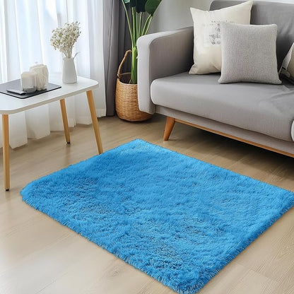OLANLY 2x3 Machine Washable Small Bedside Rug, Soft Fluffy Shaggy Entryway Throw Rugs for Bedroom, Living Room, Indoor Floor Carpet for Kids Girls and Boys, Home Decor Aesthetic, Bright Blue