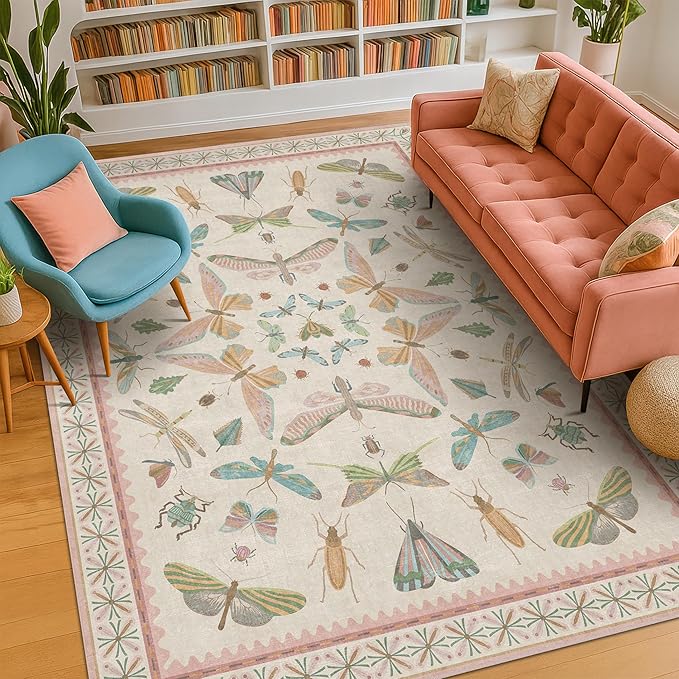 Hazo Haus Butterfly Area Rugs 5x7 for Baby Nursery, Cute Light Pink Rugs for Bedroom Girls, Living Room, Kids Room Playroom Reading Corner, Washable Ultra Soft Stain Resistant Floral Floor Decor