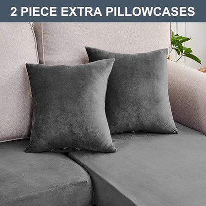 Couch Cover 8-Piece Elastic Velvet Couch Cushion Covers & Chaise Slipcovers for L-Shaped Sofas - Sofa Seat Covers Washable, Soft Protector for Couches (7 Seater + Chaise, Grey)