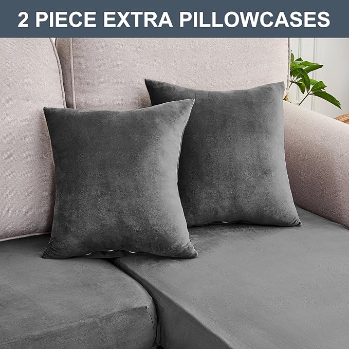 Couch Cover 6-Piece Elastic Velvet Couch Cushion Covers & Chaise Slipcovers for L-Shaped Sofas - Sofa Seat Covers Washable, Soft Protector for Couches (5 Seater + Chaise, Grey)