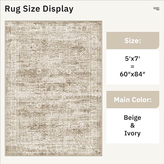 5x7 Area Rugs Brown Low Pile Indoor Washable Trendy Faded Style Rugs for Bedroom Living Room Dining Room Foldable Non-Slip Thin Print Mat