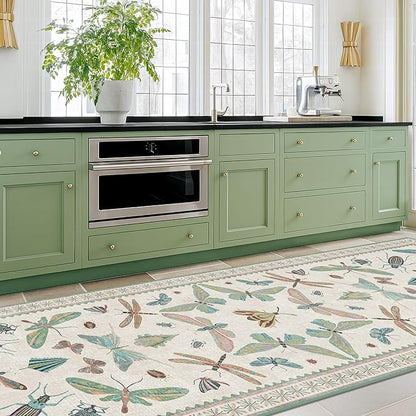 Insect Print 8ft Long Hallway Runner Rug - 2'6''x8' Light Green Rug for Kitchen Floor, Wide Entryway Runner Rug, Washable Non Slip with Rubber Backing, Cool Butterfly Indoor Decor