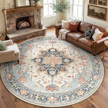 8ft Round Rug, Area Rugs 8ft, Washable Rug, Non-Slip, Rugs for Living Room for Bedroom, Circle , Vintage Rugs Boho Floral Medallion, Low Pile, Soft, Beige Dark Blue Navy Red