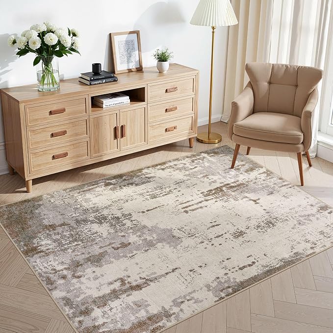 UERMEI 4x6 Area Rug Living Room Rugs - Washable Neutral Modern Abstract Soft Thin Rug Indoor Floor No Slip Rug Carpet for Bedroom Under Dining Table Home Office Decor - Brown/Grey/Beige