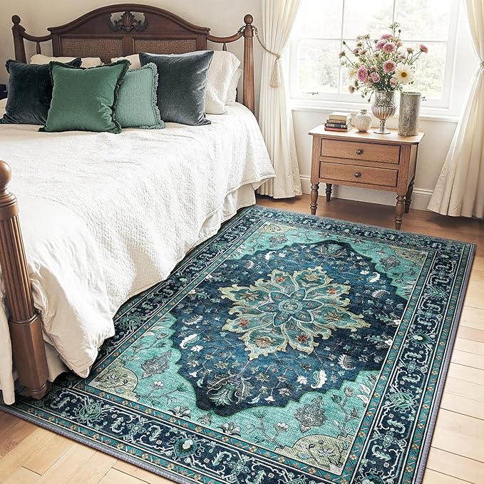 RELEANY Area Rugs 4'x6' Washable Non-Slip, Floral Vintage Distress Print Pattern Medallion Carpet for Living Room Bedroom Dining Room, Teal Green Lake Blue Turquoise