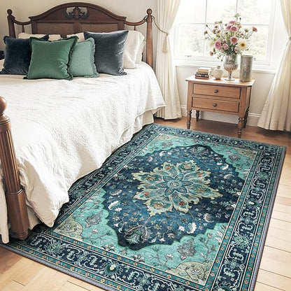 RELEANY Area Rugs 4'x6' Washable Non-Slip, Floral Vintage Distress Print Pattern Medallion Carpet for Living Room Bedroom Dining Room, Teal Green Lake Blue Turquoise