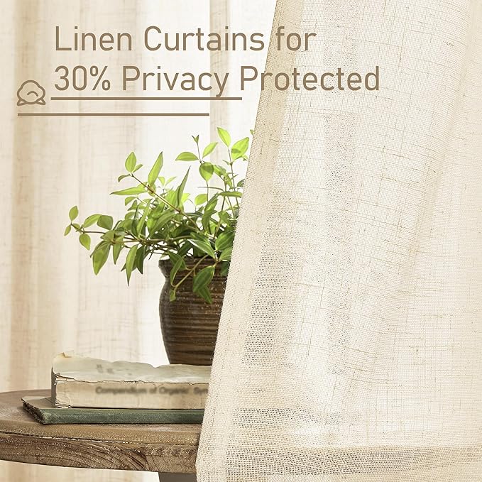 LAMIT Linen Curtains 60 Inch Length 2 Panels, Light Filtering Panels Back Tab and Rod Pocket Neutral Drapes for Bedroom/Window/Living Room, Beige, 34 x 60 Inch