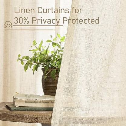 LAMIT Linen Curtains 60 Inch Length 2 Panels, Light Filtering Panels Back Tab and Rod Pocket Neutral Drapes for Bedroom/Window/Living Room, Beige, 34 x 60 Inch