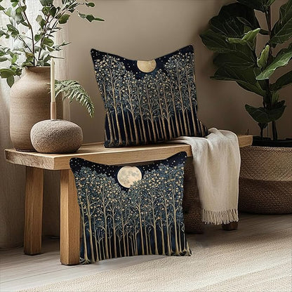 Rustic William Morris Night Moon Forest Green Decor Pillow Covers 18x18 Set of 2,Vintage Botanical Nature Landscape Decorative Throw Pillow Covers for Home Bedroom Living Room