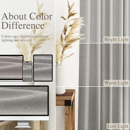 Nanspring Light Gray Linen Curtains 63 Inch Length for Living Room Back Tab and Rod Pocket Semi Sheer Curtain Simple Modern Coastal Room Decor Light Filtering Grey Drapes for Bedroom 52x63, 2 Panels