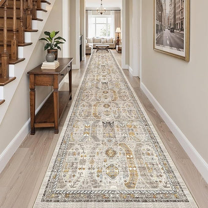 Madane Hallway Runner Rug 3x18 - Kitchen Rugs 18ft Washable Entryway Rug Vintage Kitchen Runners Non Slip Indoor Area Rug Farmhouse Carpet Runner for Bathroom Living Room Bedroom, Brown/Gold