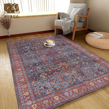 Washable Area Rug 6' x 9' Vintage Traditional Persian Mat - Foldable Distressed Non-Slip Machine Washable Carpet for Living Room Bedroom Kitchen Home Decor - Indigo and Crimson
