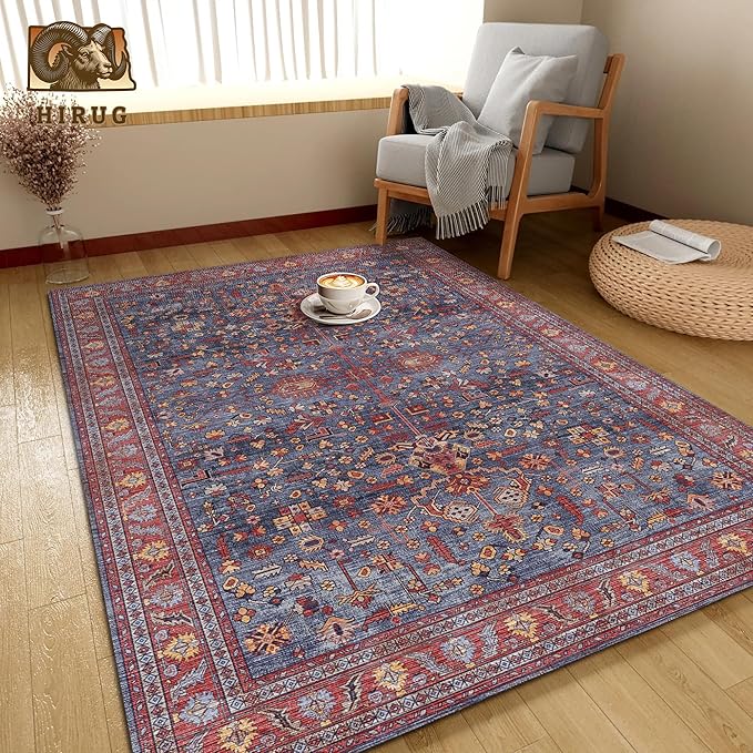 Washable Area Rug 9' x 12' Vintage Traditional Persian Mat - Foldable Distressed Non-Slip Machine Washable Carpet for Living Room Bedroom Kitchen Home Decor - Indigo and Crimson