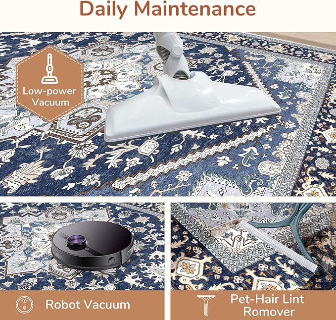 OPPODREAM Soft Area Rugs 4x6, Low-Pile Washable Rugs 4x6 with Non Slip Backing, Faux Cashmere 4 x 6 Throw Carpet, Navy Blue & Gold