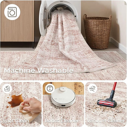 Washable Runner Rugs for Bedroom - 2x6 Runner Rug Non Slip, Ultra-Thin Entryway Runner, Soft Abstract Kitchen Runner for Hallway, Laundry, Bathroom, Indoor Door Mat(2'x6', Pink/Ivory)