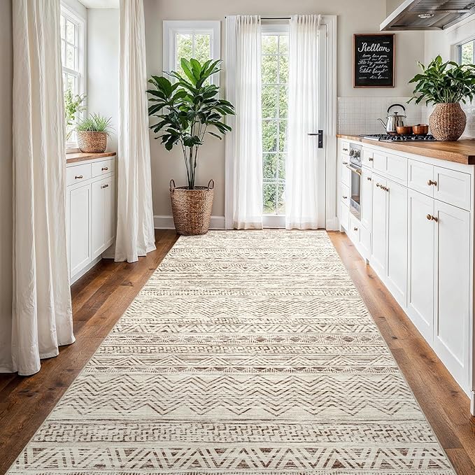 4x8 Washable Hallway Runner Rug：Moroccan Non-Slip Wide Runners for Entryway Kitchen Soft Modern Geometric Low-Pile Rugs for Living Room Thin Waterproof Carpet for Bedroom Bathroom Laundry(Beige,4x8)