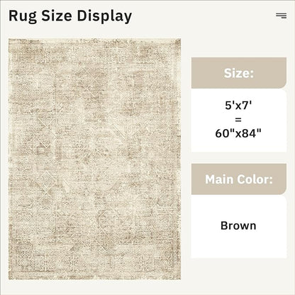5x7 Area Rugs Brown Low Pile Indoor Washable Trendy Faded Style Floral Rugs for Bedroom Living Room Dining Room Foldable Non-Slip Thin Print Mat