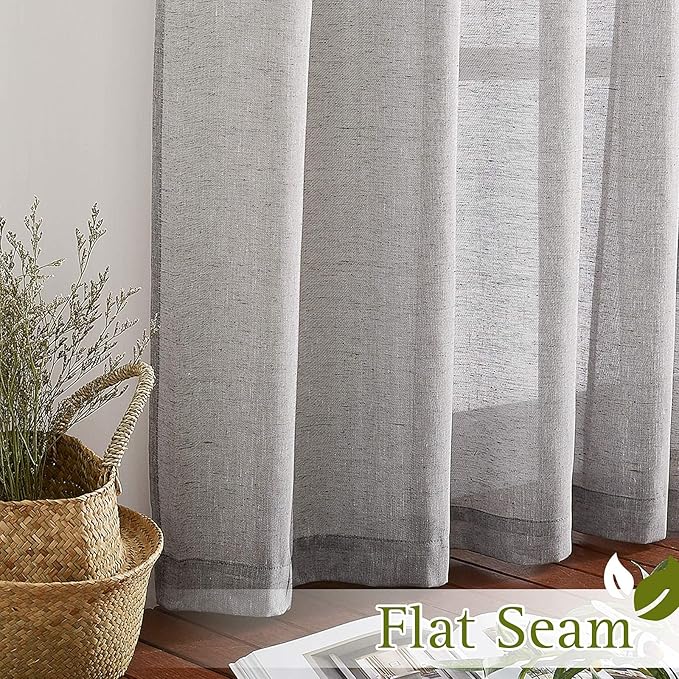 NICETOWN Charcoal Grey Linen Curtains for Bedroom 48 inch Long, Grommet Flax Semi Sheer Short Window Treatments Privacy with Light Filtering Drapes for Kids Room, 2 Panels, W36 x L48