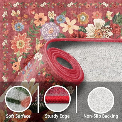 2x4 Entryway Runner Rugs, Non Slip Washable Rugs with Rubber Backing Soft Floral Carpet Runner for Kitchen, Laundry, Bedroom, Bathroom(2 x 4, Red Garden)