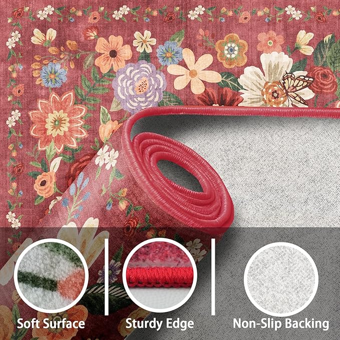 Floral Machine Washable Rug, 3x5 Rug Non Slip Soft Bedroom Rugs for Entryway Dorm, Ultra-Thin Rugs for Bedroom Stain Resistan(3 x 5, Red Garden)