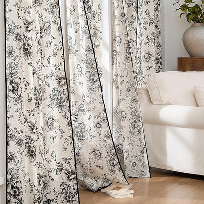 jinchan Linen Blend Floral Curtains French Country Curtain for Living Room 84 Inch Length Black Printed Curtain Rod Pocket Back Tab Farmhouse Peony Flower Patterned Drapes Window Curtains Set 2 Panels