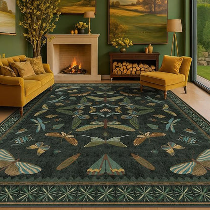 Hazo Haus 7x9 Insect Dark Green Rugs for Living Room, Boho & Forest Design Area Rug for Dining Room Under Table, Bedroom, Unique Washable Floral Non Slip Low Pile Soft Rug
