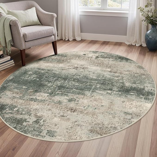 Round Rugs 5FT for Living Room Bedroom, Modern Abstract Machine Washable Circle Rug, Soft Low Pile Floor Cover with Non Slip Backing for Dining Room, Grey/Dark Green