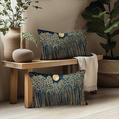 Rustic William Morris Inspired Night Forest Green Moon Decor Pillow Covers 12x20 Set of 2,Vintage Botanical Nature Landscape Decorative Throw Pillow Covers for Home Bedroom Living Room