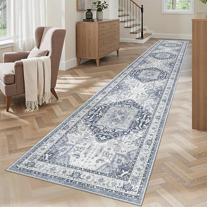 Madane Hallway Washable Runner Rug - 2x10 Kitchen Rugs Entryway Rug Runner Vintage Soft Floor Mat Non Slip Indoor Farmhouse Carpet for Bathroom Living Room Bedroom (2 X 10, Navy/White)