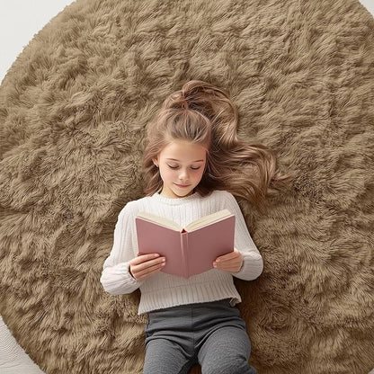 OLANLY Taupe Round Rugs for Bedroom - Machine Washable, 5 ft Circle Area Rugs for Living Room, Soft and Fluffy Shaggy Carpet for Teen Girl and Boys, Nursery Rooms, Dorms, Home Decor Aesthetic
