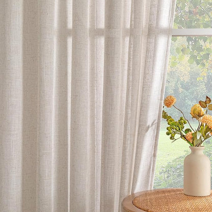 MYSKY HOME Natural Linen Curtains 30 Inches Long for Kitchen Window Semi Sheer Light Filtering Cafe Curtain Tiers Rod Pocket Short Country Decor Drapes for Basement/Small Window, 2 Panels, 34 x 30 in