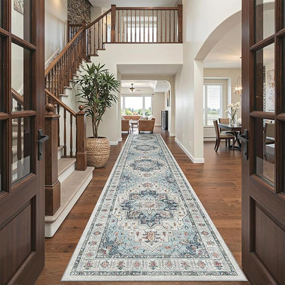 Madane Hallway Runner 3x14 - Runner Rugs 14ft Washable Entryway Rug Vintage Kitchen Runners Non Slip Indoor Area Rug Farmhouse Carpet Runner for Bathroom Living Room Bedroom, Blue