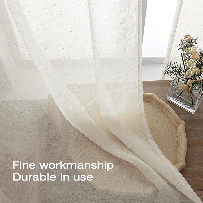 Simplebrand Natural Linen Textured Sheer Curtains 72 inches Long 2 Panels, Rod Pocket Solid Color Window Sheer Curtain Panels, Elegant Curtains & Drapes for Living Room, Bedroom (40" W x 72" L)