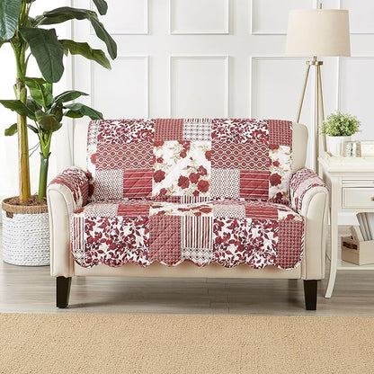 Great Bay Home Reversible Patchwork Loveseat Cover - Washable Slipcover Furniture Protector with Elastic Straps - Perfect for Kids & Pets - Box-Stitched Detail (Burgundy)