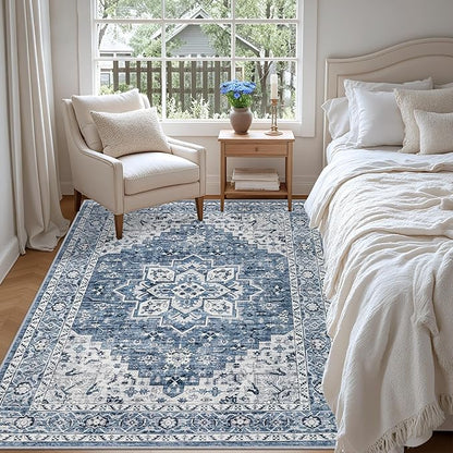 5x7 Area Rugs Living Room Rug: Washable Vintage Boho Medallion Rug No Slip Stain Resistant Soft Carpet Indoor Floor Large Carpets for Bedroom Dining Room Farmhouse Nursery Hallway Home Office Blue