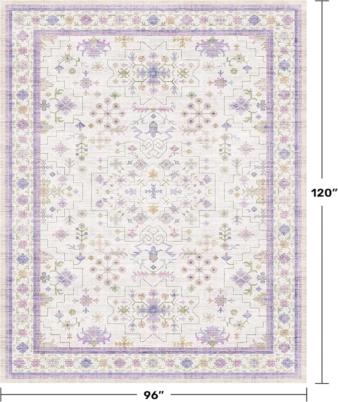 8x10 Large Lavender Rug for Bedroom, Floral Area Rug for Living Room, Dinning Room Under Table, Cute Fantasy Décor, Non Slip Low Pile Stain Resistant Washable Foldable Carpet