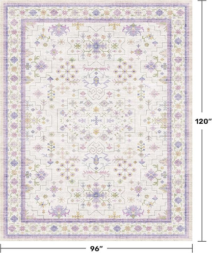 8x10 Large Lavender Rug for Bedroom, Floral Area Rug for Living Room, Dinning Room Under Table, Cute Fantasy Décor, Non Slip Low Pile Stain Resistant Washable Foldable Carpet