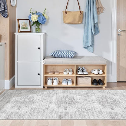 2x6 Runner Rug Non Slip for Entryway, Washable Runners for Kitchen, Soft Thin Hallway Rug for Bedroom, Laundry, Small Stain Resistant Indoor Door Mat(2'x6', Light Grey/White)
