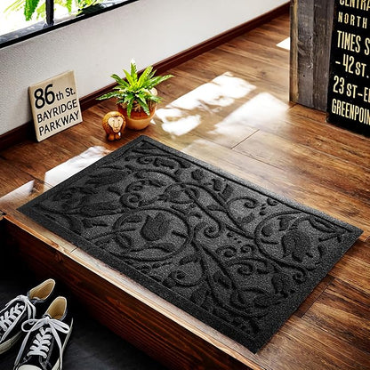 Boho Black Floral Leaves Outdoor Indoor Entrance Doormats, Absorbent Durable Heavy Duty Welcome Front Door Mat,Thick Natural Rubber Back,Easy Clean Entryway Mat 17x30 Inch, Low Profile