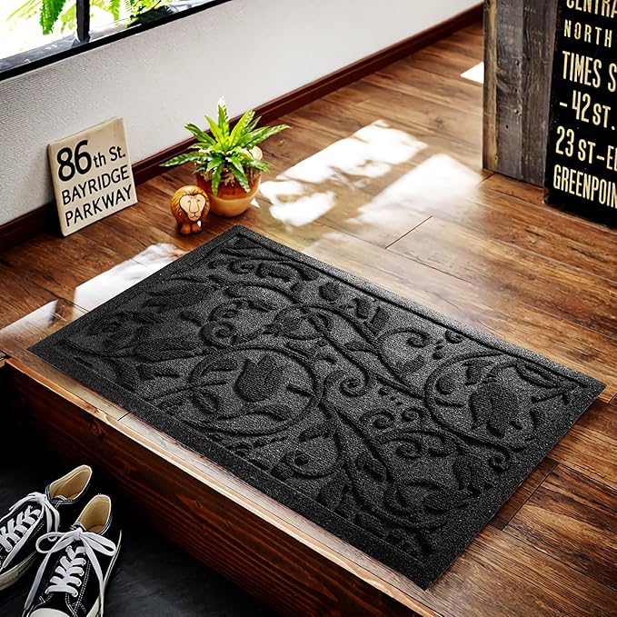 Boho Black Floral Leaves Outdoor Indoor Entrance Doormats, Absorbent Durable Heavy Duty Welcome Front Door Mat,Thick Natural Rubber Back,Easy Clean Entryway Mat 23x35 Inch, Low Profile