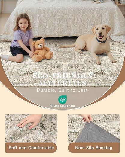 Madane 6x9 Area Rugs for Living Room, Stain Resistant Washable Rugs, Non-Slip Backing Area Rug, Vintage Home Decor Rug for Bedroom (Ivory/Brown, 6'x9')