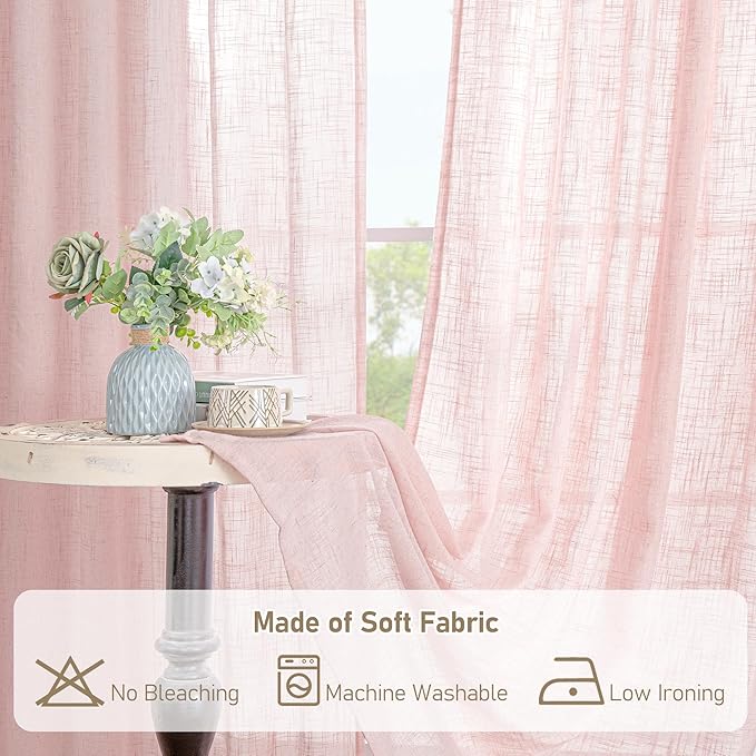LAMIT Pink Linen Curtains 54 Inch Length 2 Panels, Light Filtering Panels Back Tab and Rod Pocket Neutral Drapes for Kids Room/Window/Bedroom, 52 x 54 Inch