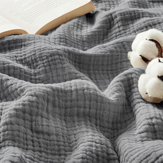 Bedsure 100% Cotton Muslin Blanket Queen Size for Bed - 4-Layer Breathable and Lightweight Thin Soft Summer Gauze Muslin Blankets for Adults, Grey, 90x90 Inches